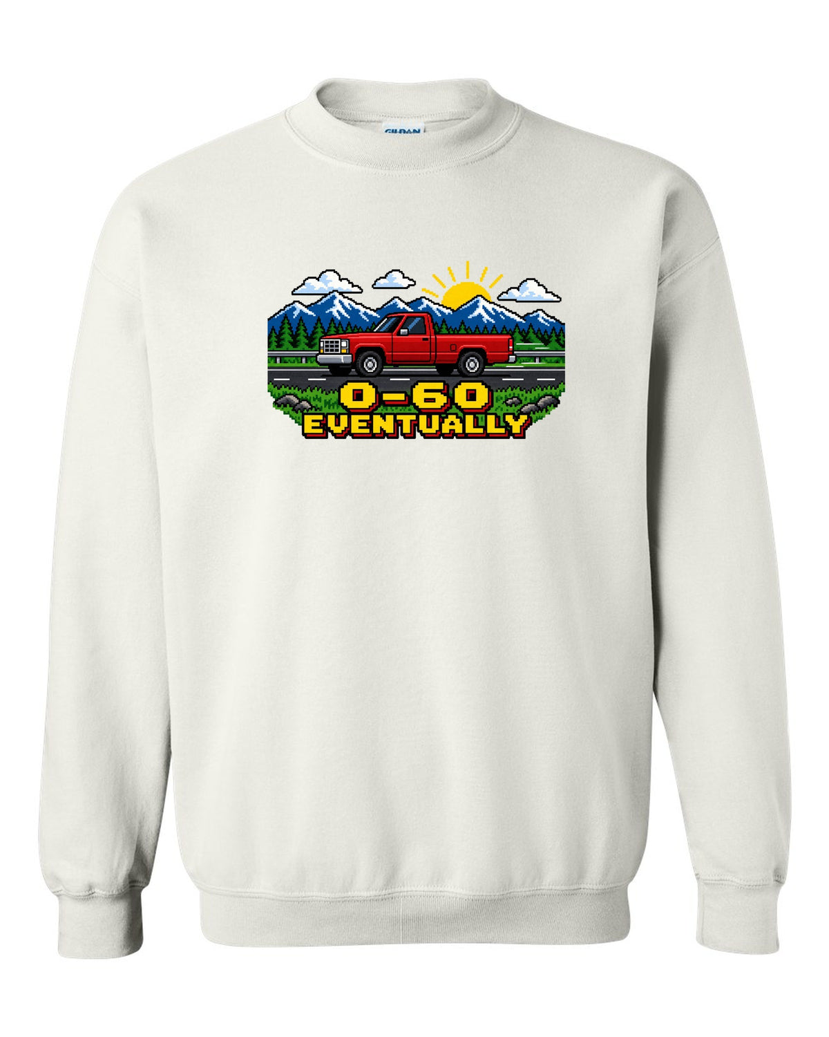 Pixel art print of a 1989-1993 Dodge Ram D250 Cummins with the text 0-60 eventually white crewneck front view with the design