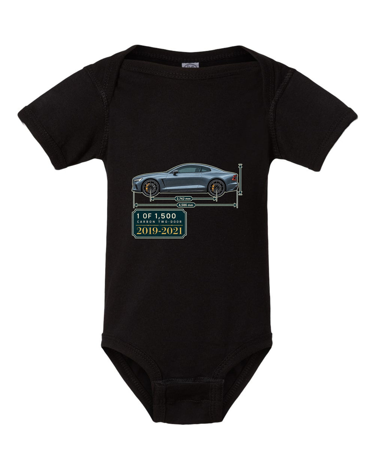 Polestar 1 archive panel print showing 1 of 1,500 carbon two-door black baby onesie front view with the design