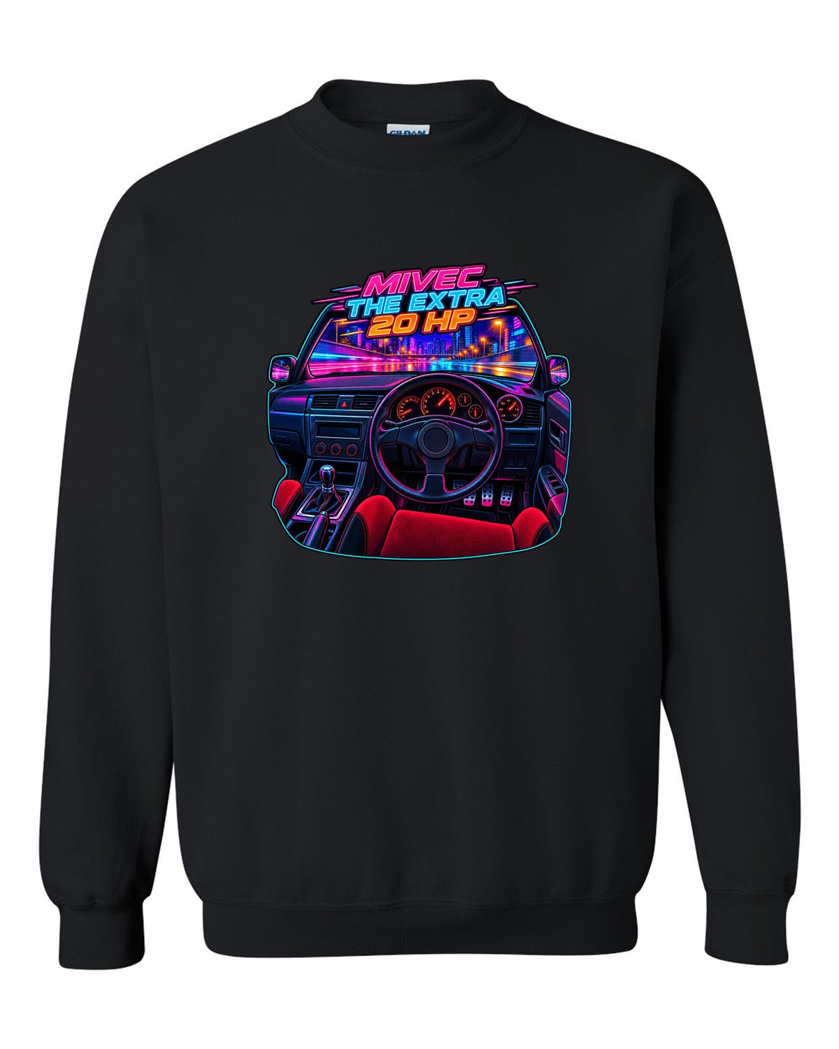Neon cyberpunk gauge cluster cockpit of a Mitsubishi Lancer Evolution IX MR black crewneck front view with the design