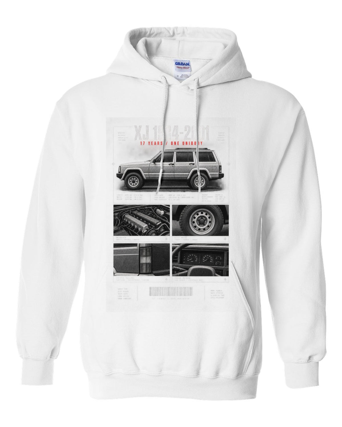 Jeep Cherokee XJ dossier panel print marking 1984 to 2001 white pull over hoodie front view with the design