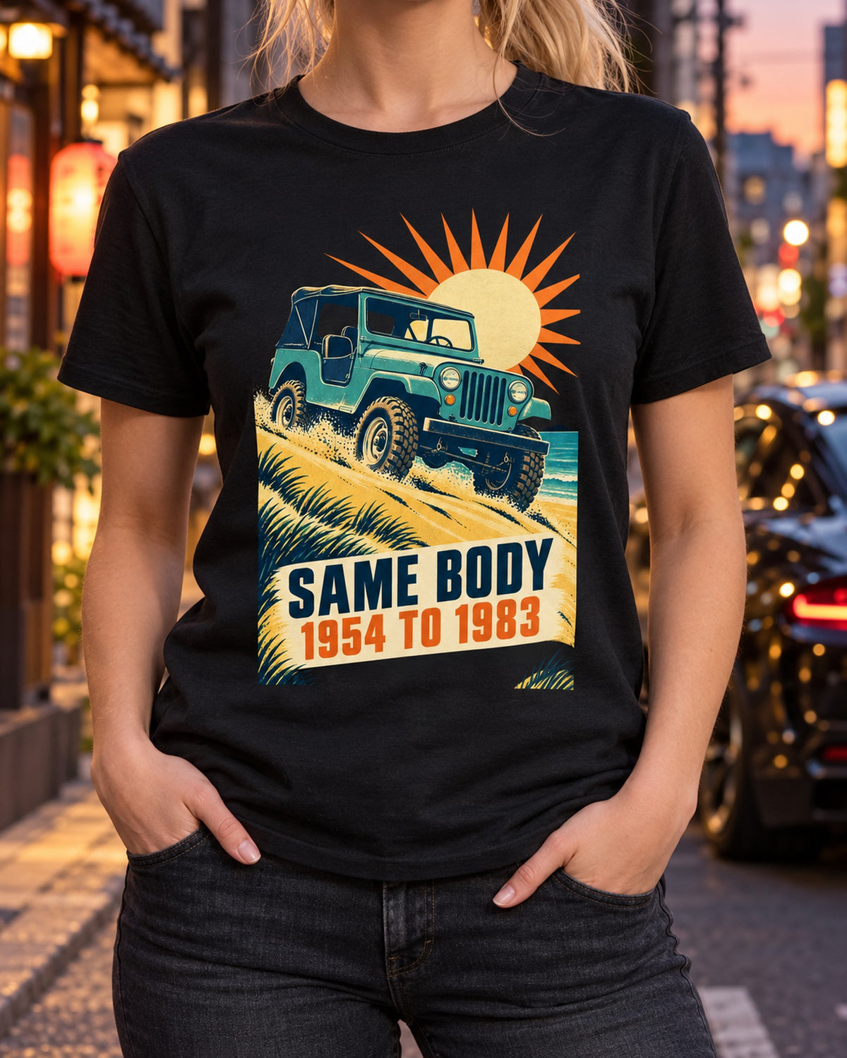 Jeep CJ-5 Dune Climb Vintage Race Poster Tee, 1954 to 1983 T-Shirt Black worn hero