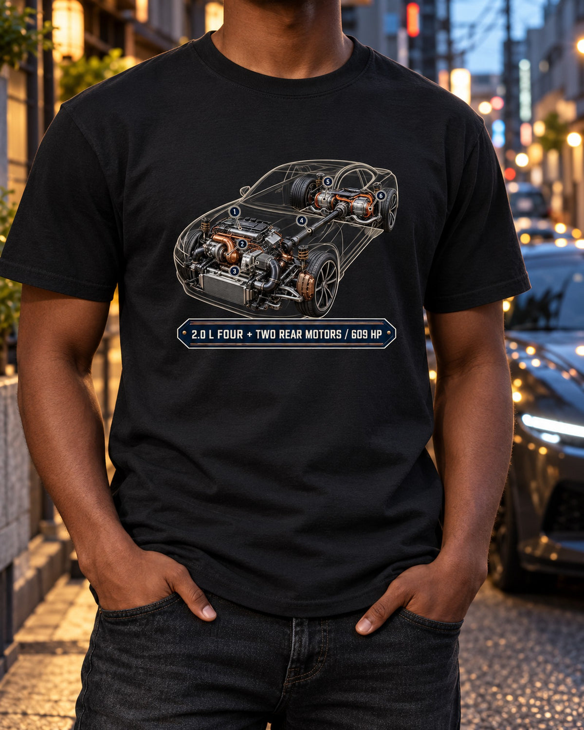 Polestar 1 Hybrid Drivetrain Shirt, Four Plus Two Motors T-Shirt Black worn hero