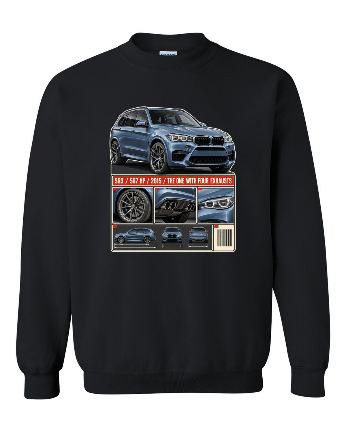 BMW X5 M F85 dossier panels print on a tee black crewneck front view with the design