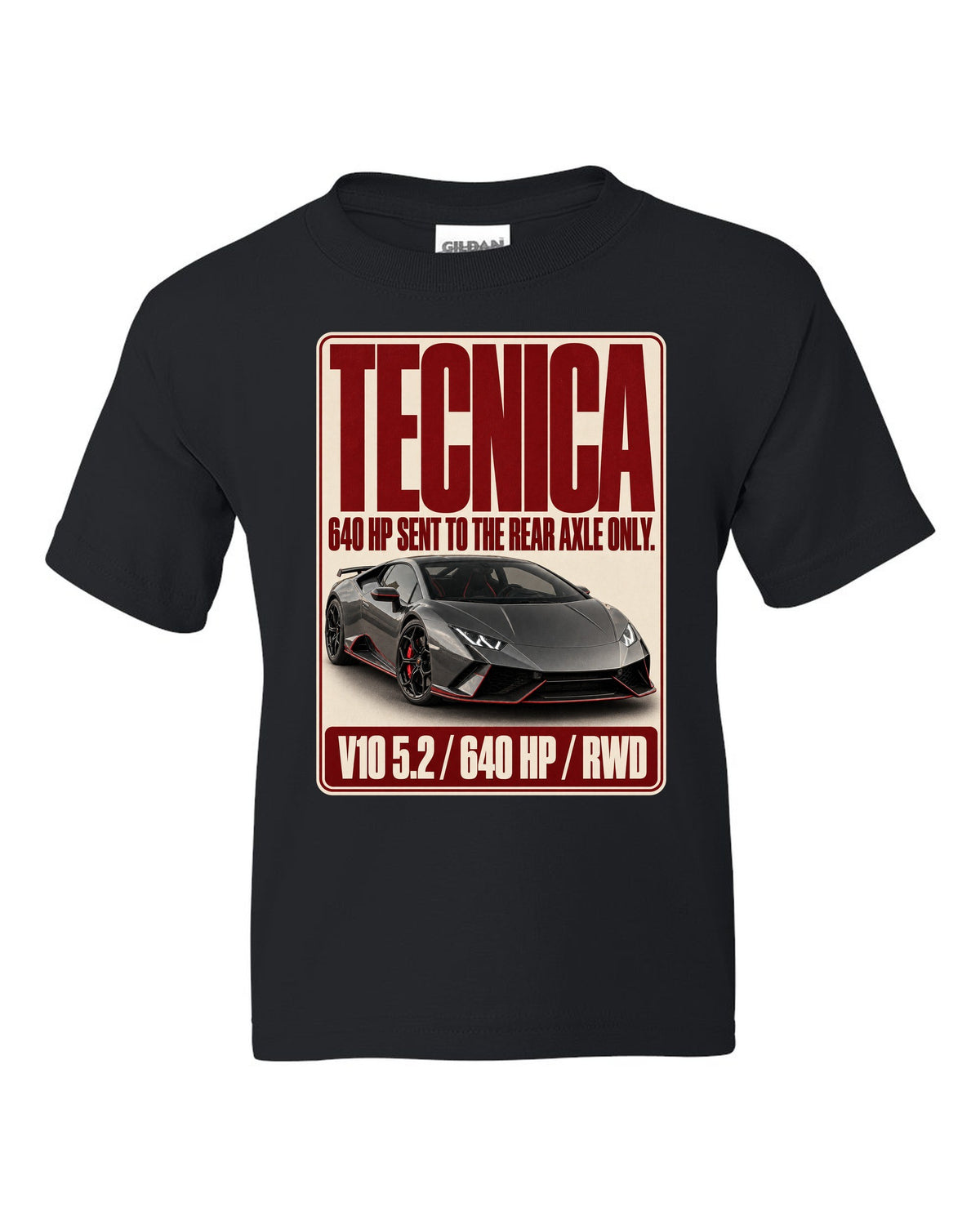 Editorial headline print of the Lamborghini Huracan Tecnica black kids tee front view with the design