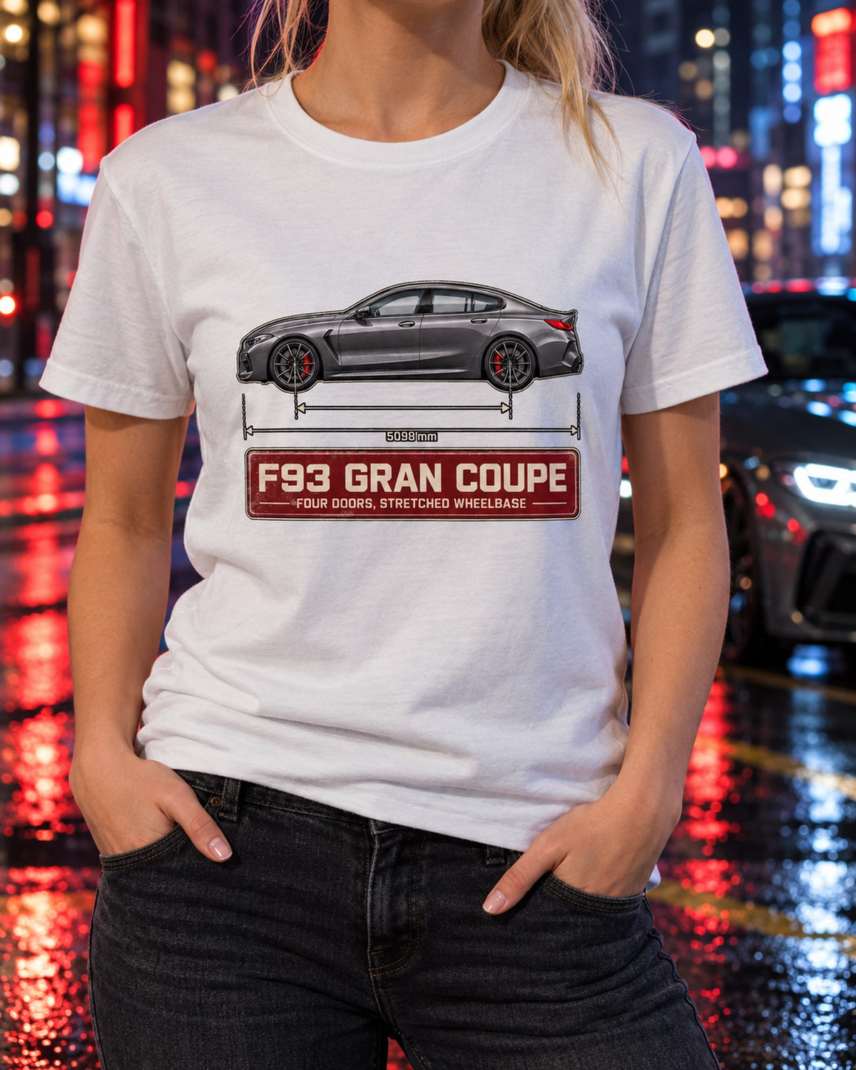 BMW M8 Gran Coupe F93 Blueprint Tee, Four Door Car Guy T-Shirt White worn hero
