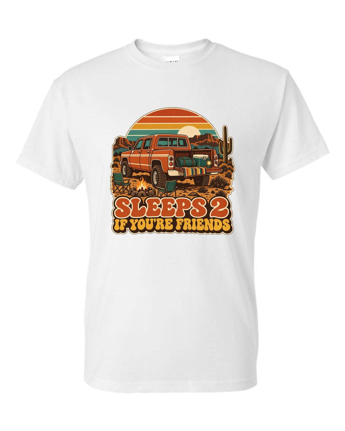 Jeep Gladiator JT retro 70s outdoors poster with sunset stripes and sleeps 2 text white t-shirt front view with the design
