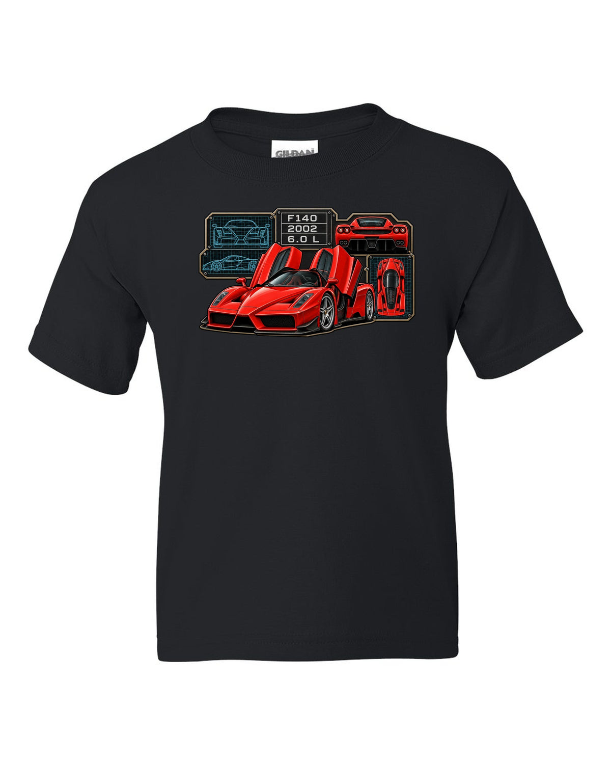 Spec-sheet data plate print of the Ferrari Enzo F140 with the text F140, 2002, 6.0 L black kids tee front view with the design