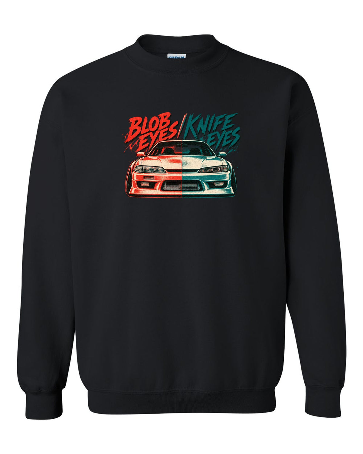 Risograph two-colour print comparing Nissan Silvia S14 zenki and kouki front ends black crewneck front view with the design