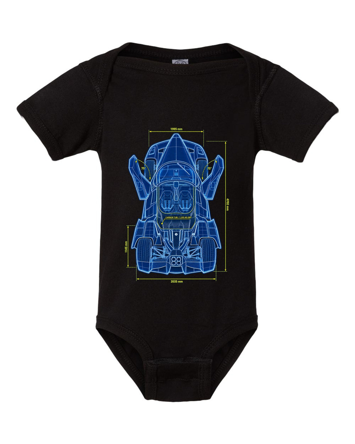 Technical top-plan blueprint print of a 2002 Ferrari Enzo F140 with carbon tub and 1,255 KG dry text black baby onesie front view with the design