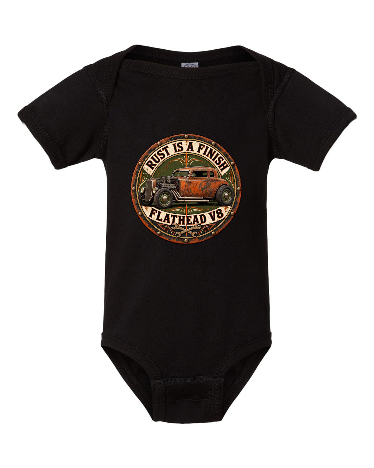 Round badge crest print for a rat rod hot rod with Rust Is A Finish and Flathead V8 lettering black baby onesie front view with the design