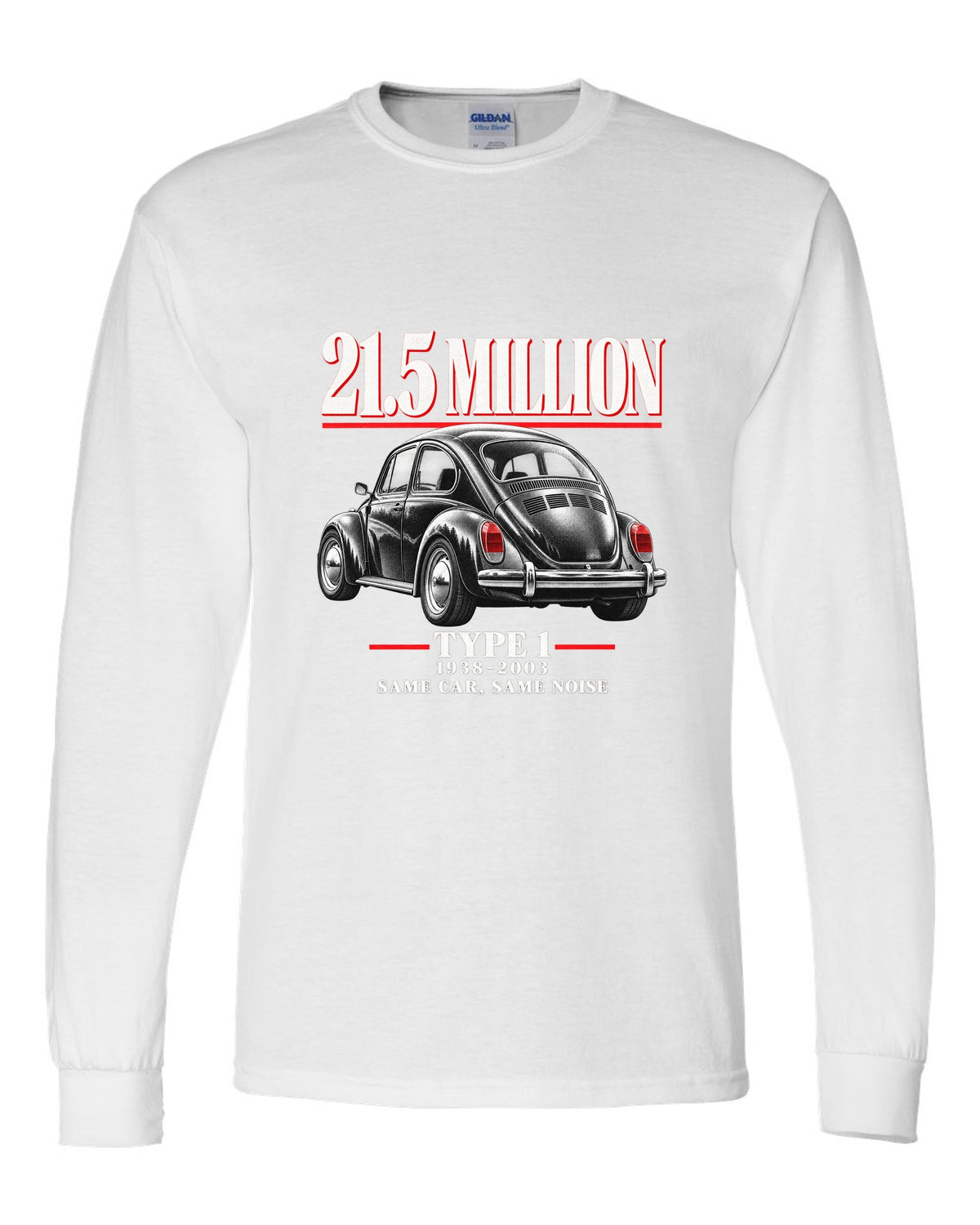 Editorial print of a VW Beetle Type 1 1303 Super Beetle three-quarter rear white long sleeve front view with the design