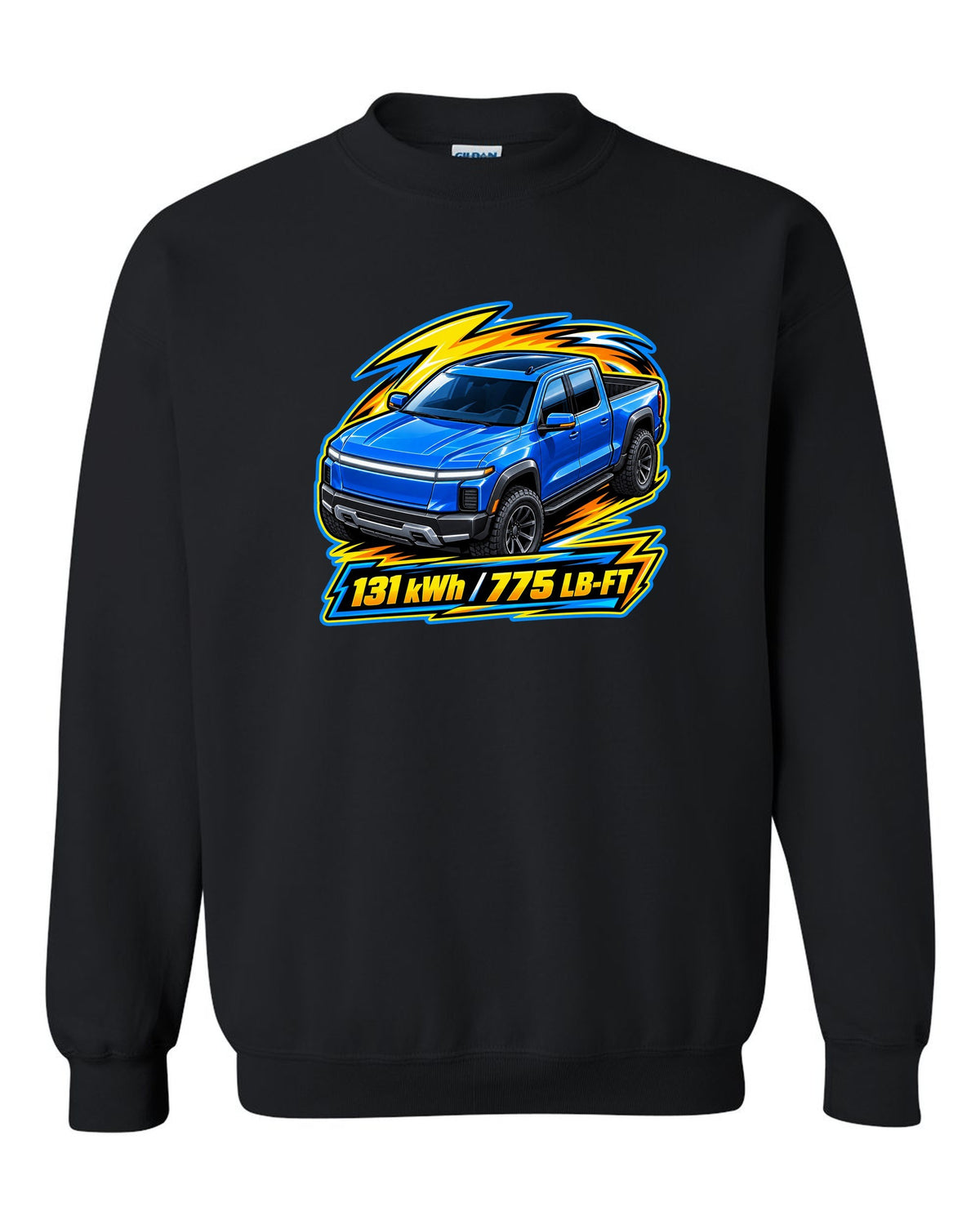Ford F-150 Lightning EV on a die-cast toy card style print black crewneck front view with the design