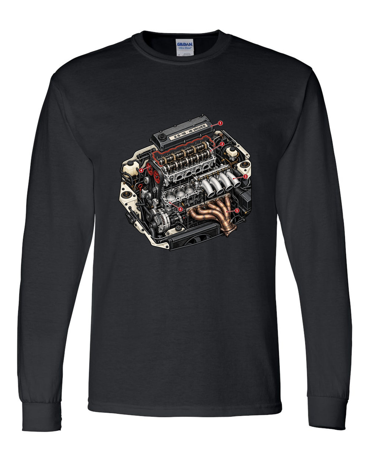 Exploded cutaway engine illustration for a Mercedes 190E 2.5-16 Evo II W201 black long sleeve front view with the design