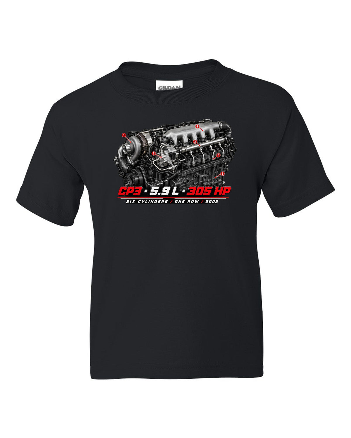 Engine hero print of a 5.9 L inline-six common rail turbo diesel with CP3, 5.9 L, 305 HP black kids tee front view with the design