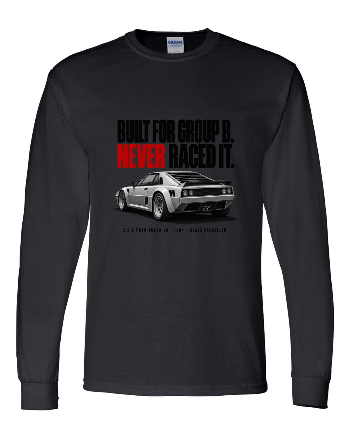 Ferrari 288 GTO 1984 rear three-quarter halftone print, built for Group B, never raced it black long sleeve front view with the design