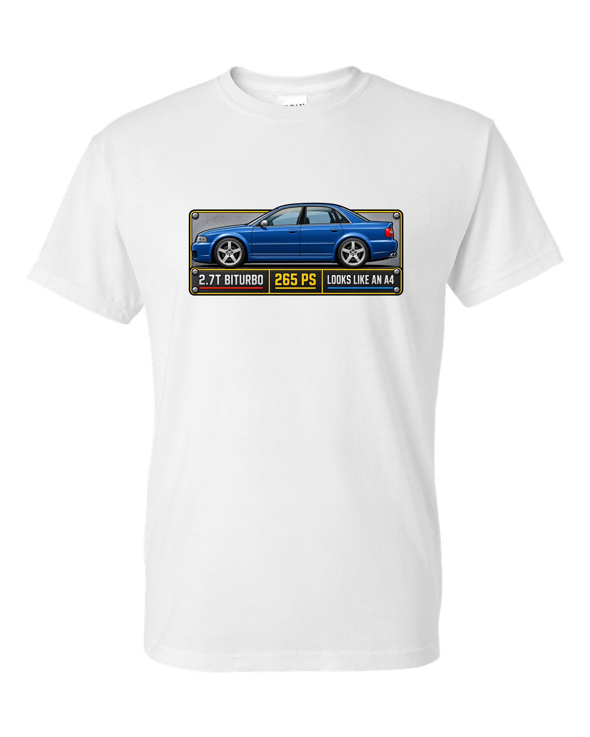 Spec plate print of an Audi S4 B5 sedan with 2.7T biturbo and 265 PS text white t-shirt front view with the design