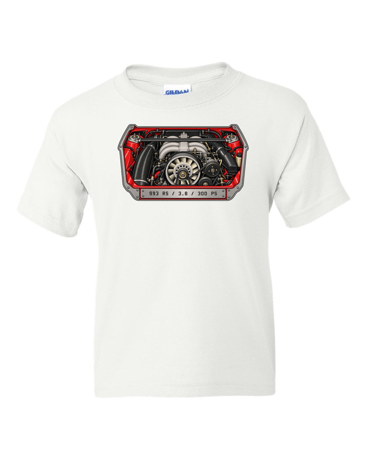 Porsche 901 topographic route map design with 1964 and 130 PS lettering white kids tee front view with the design