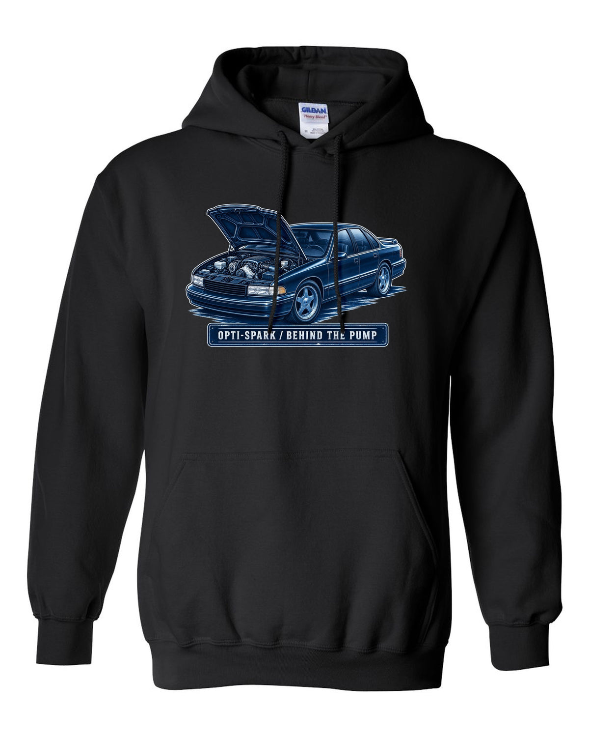 Cyanotype white-line illustration of a 1995 Chevrolet Impala SS with Opti-Spark lettering black pull over hoodie front view with the design