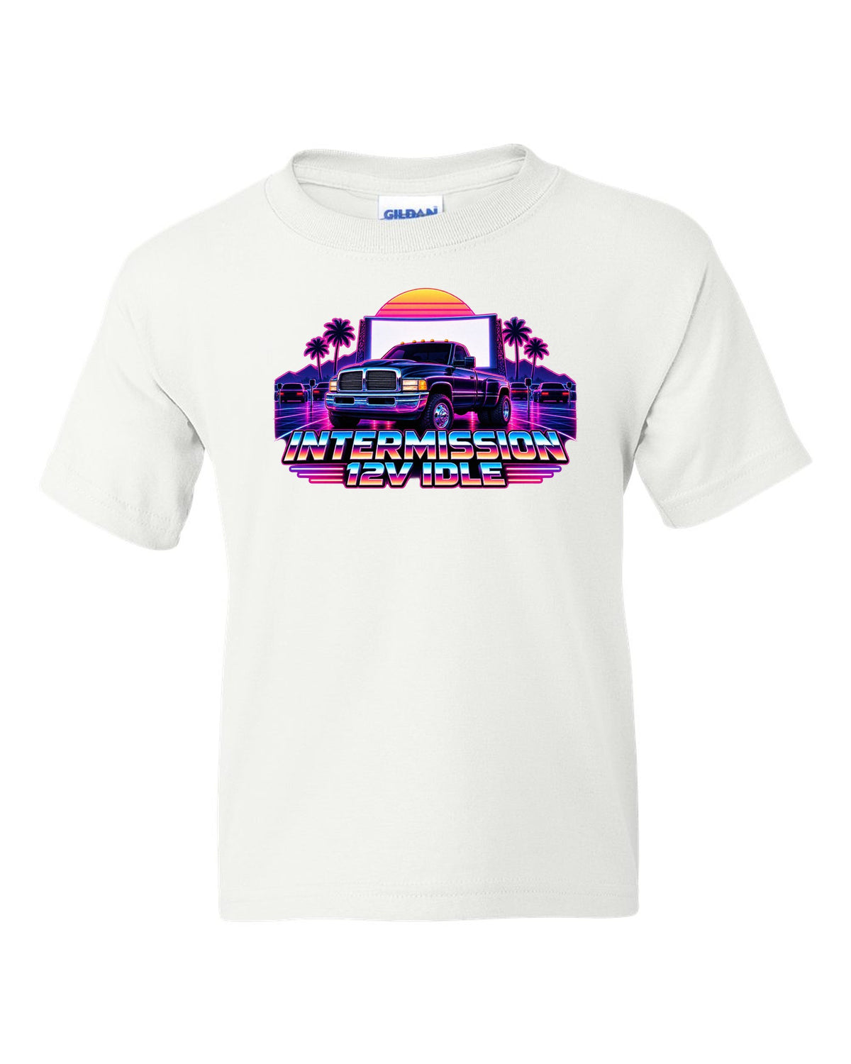 Neon synthwave grid print of a 1994-1998 Dodge Ram 2nd gen 12V with intermission 12V idle text white kids tee front view with the design