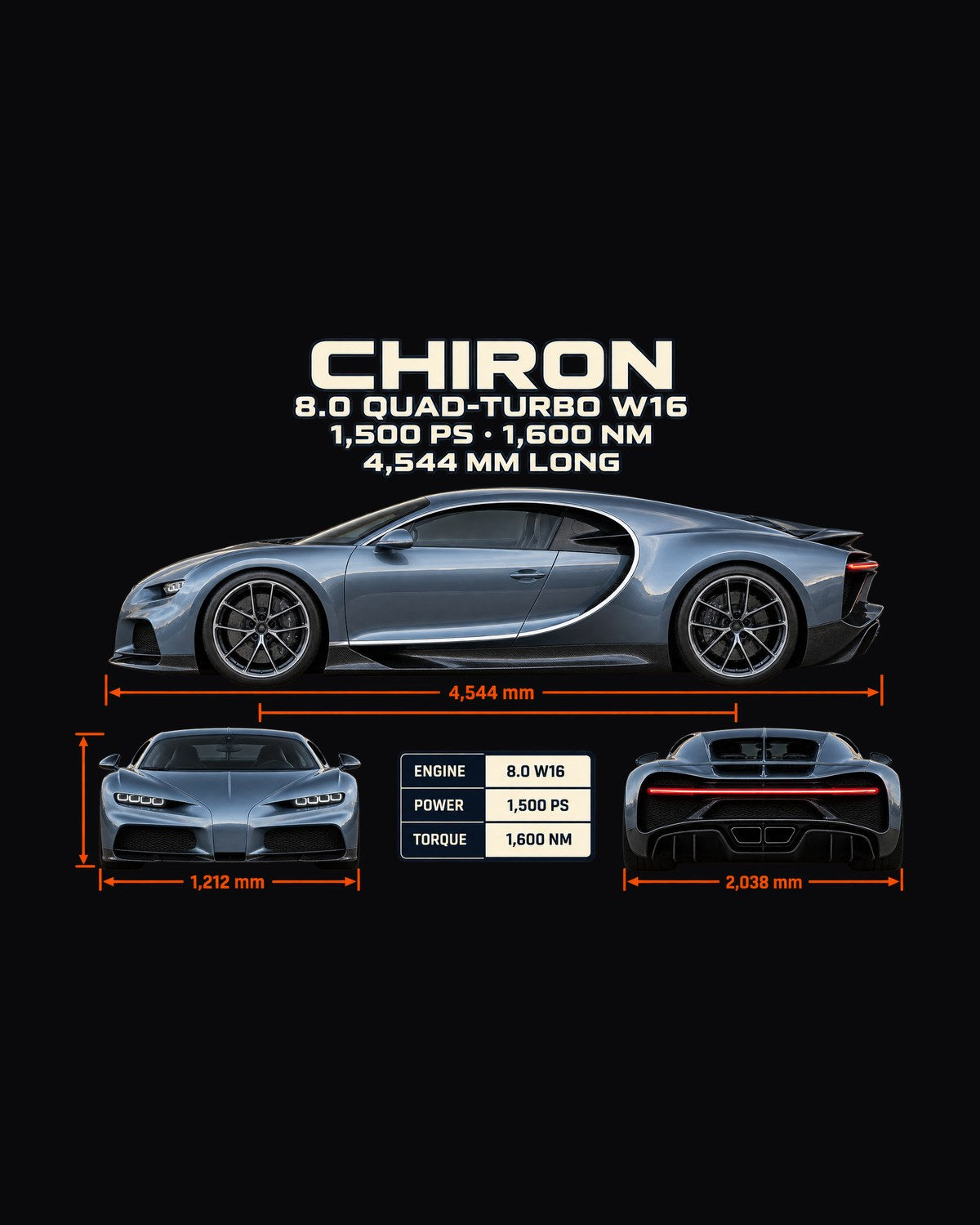 Bugatti Chiron Three-View Spec Sheet Shirt, Oversized print design only