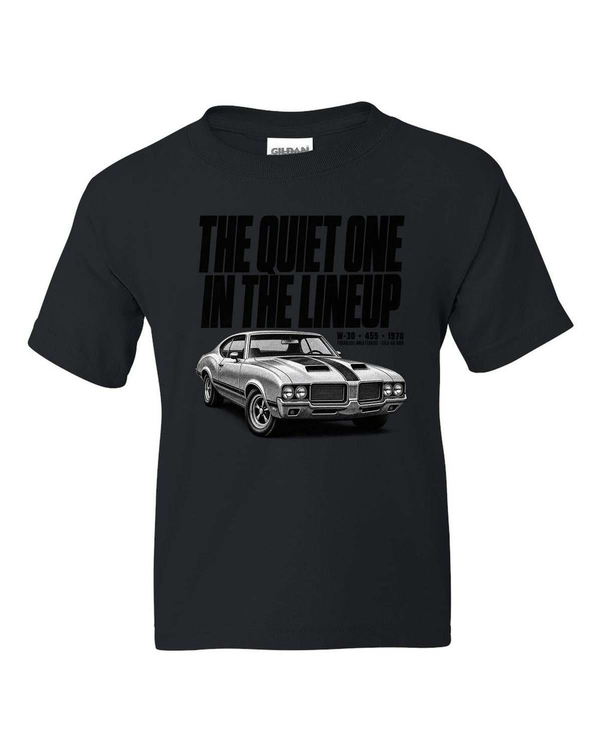 1970 Oldsmobile 442 W-30 halftone print with 455 and cold-air hood text black kids tee front view with the design
