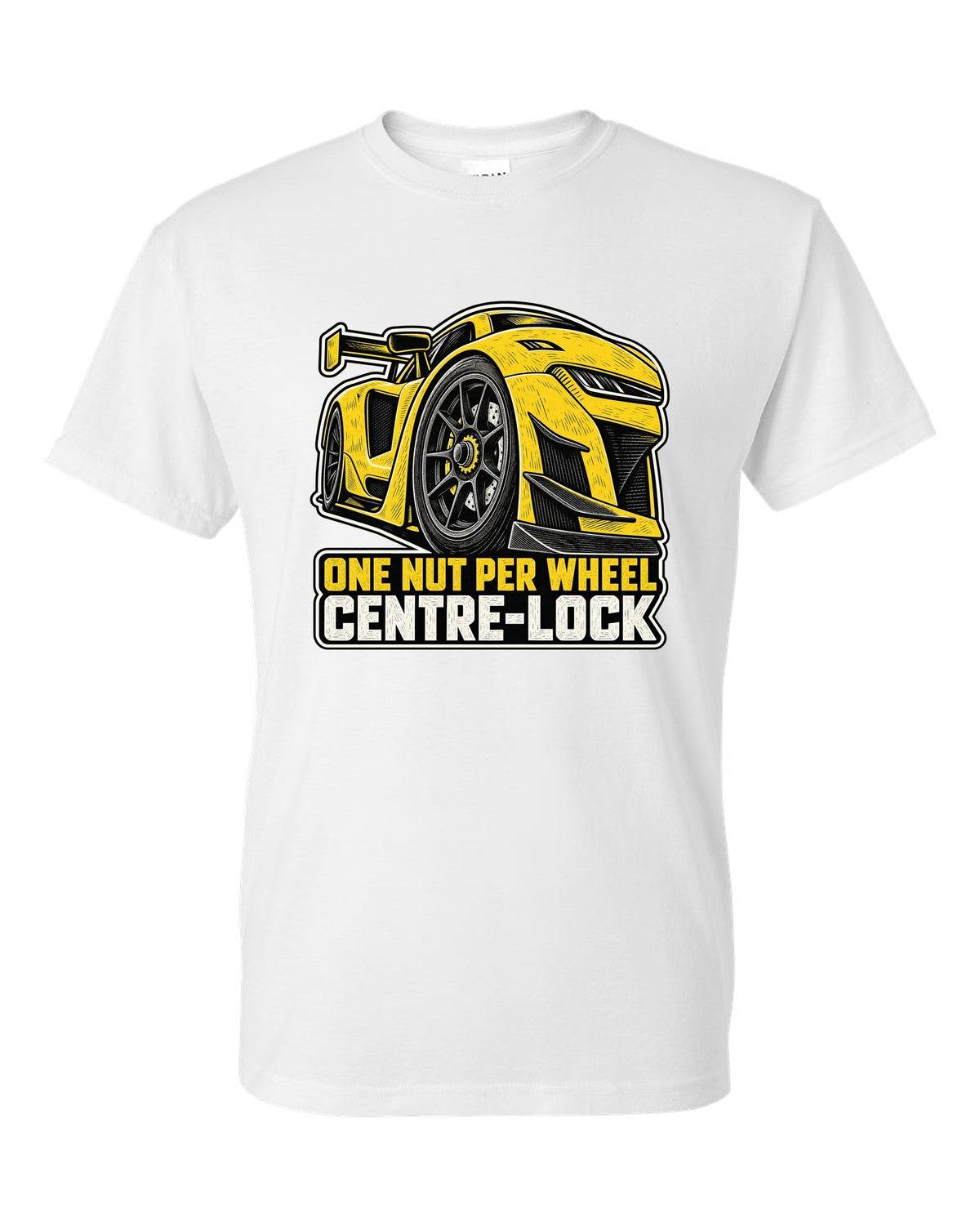 Risograph duotone design of a Corvette C8.R race car with large rear wing white t-shirt front view with the design