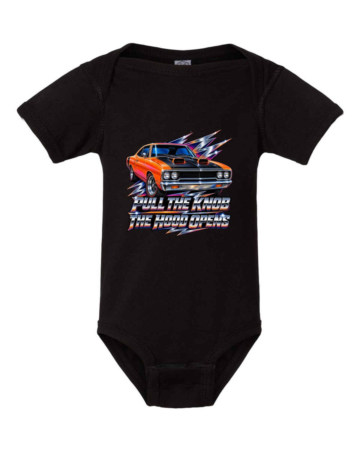80s airbrush chrome design of a 1970 Plymouth Road Runner with pull the knob hood text black baby onesie front view with the design