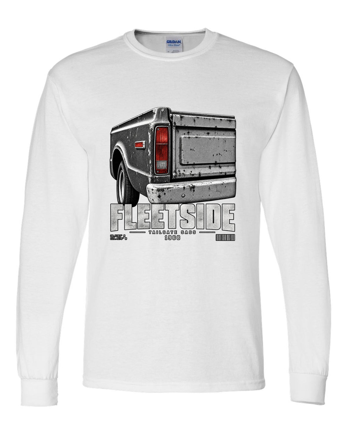 Close-up of a 1968 Chevy C10 Fleetside taillight and tailgate, print white long sleeve front view with the design