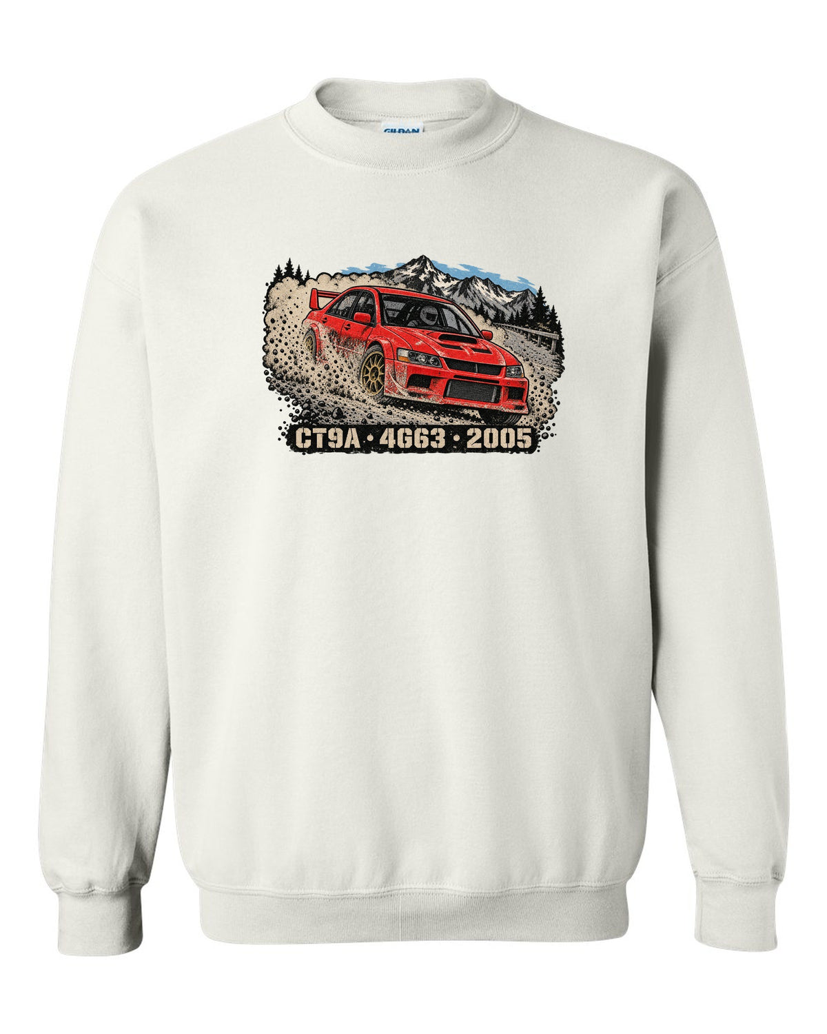 Distressed screenprint print of a Mitsubishi Lancer Evolution IX CT9A on gravel with CT9A 4G63 2005 lettering white crewneck front view with the design