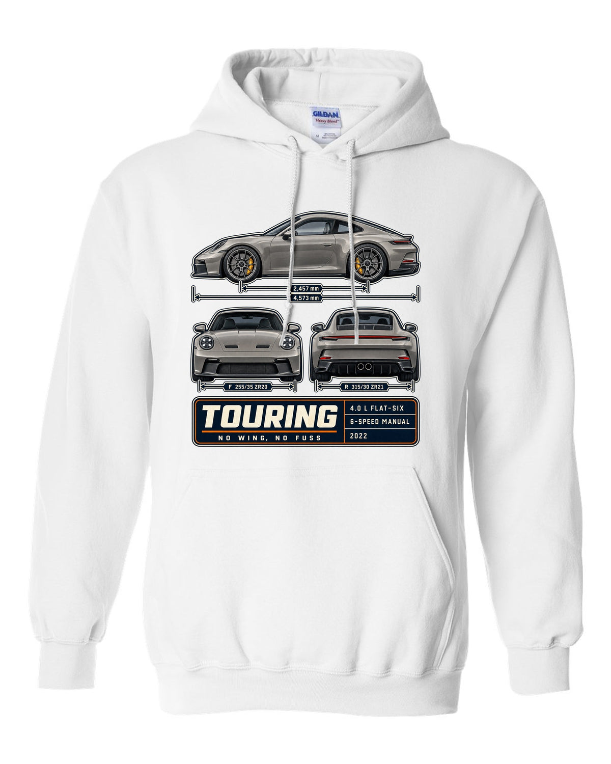 Porsche 992 GT3 Touring three-view spec table print design white pull over hoodie front view with the design