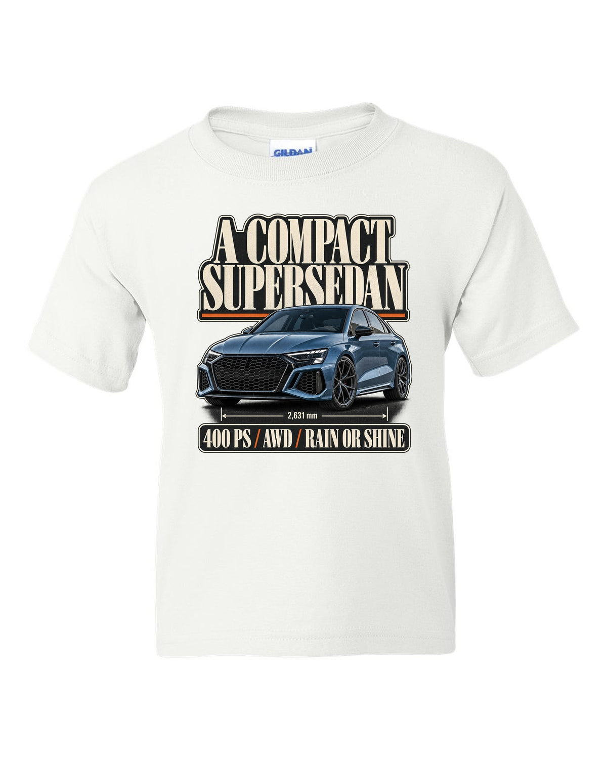 Editorial headline layout for the Audi RS3 8Y sedan, steel blue white kids tee front view with the design