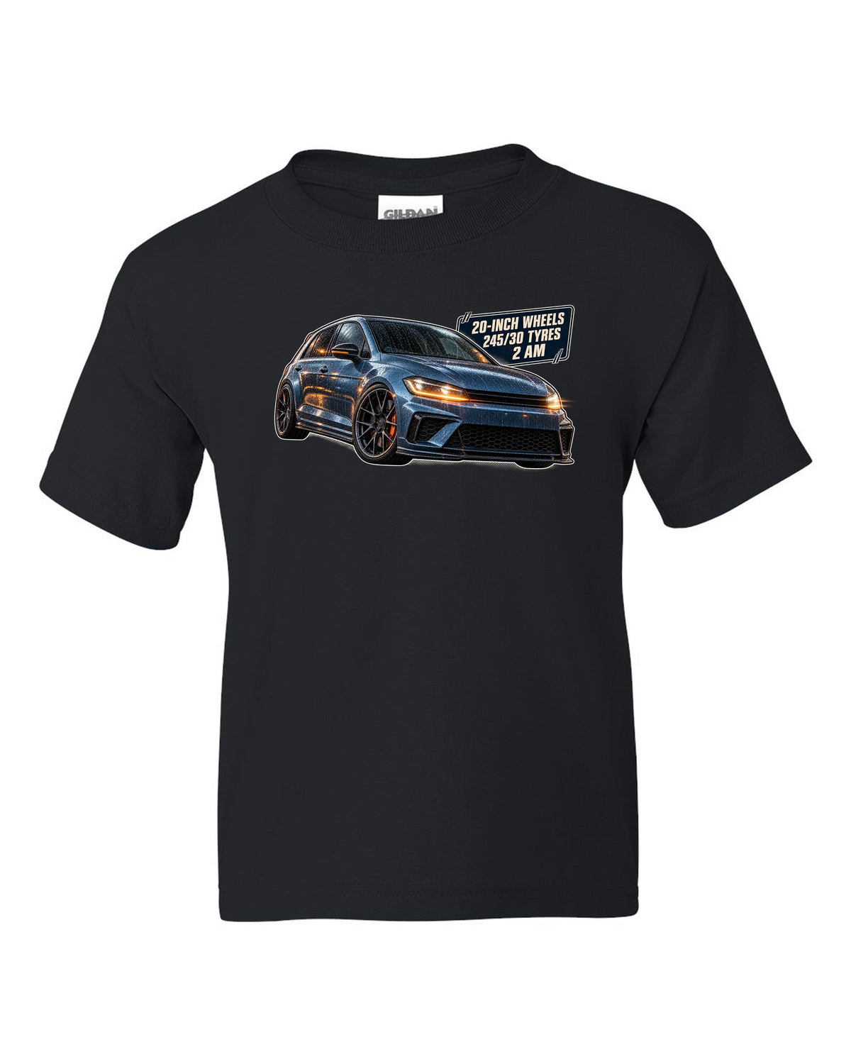 print of a Boost Blue Honda Civic Type R FK8 on a night touge road black kids tee front view with the design