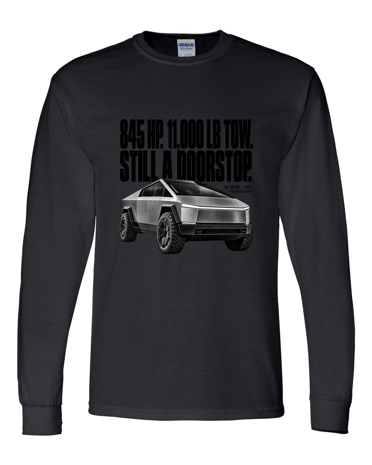 Halftone Tesla Cybertruck Cyberbeast front three-quarter with 845 HP and 11,000 lb tow text black long sleeve front view with the design