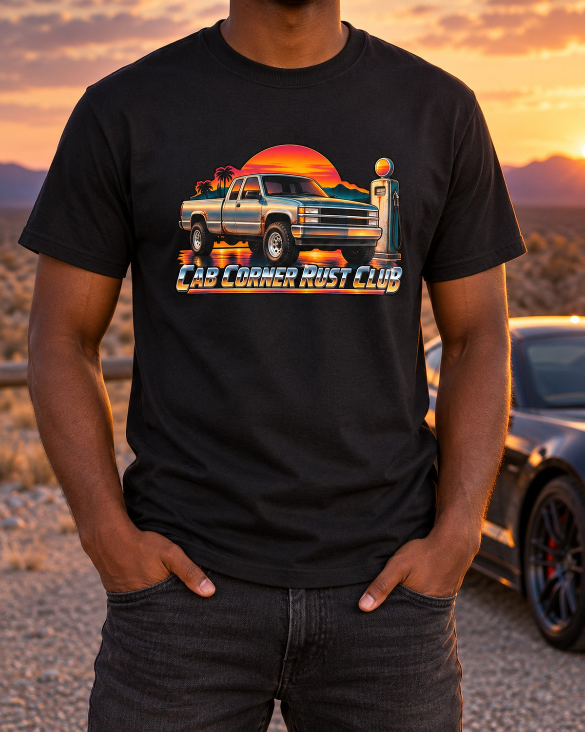 OBS Silverado GMT400 Airbrush Sunset Shirt, Cab Corner Rust T-Shirt Black worn hero