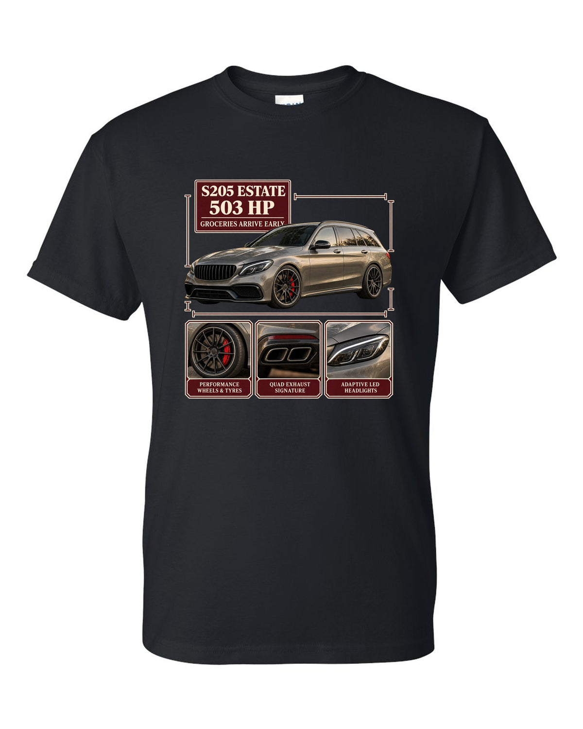 Mercedes-AMG C63 S Estate S205 dossier panel design in warm grey black t-shirt front view with the design