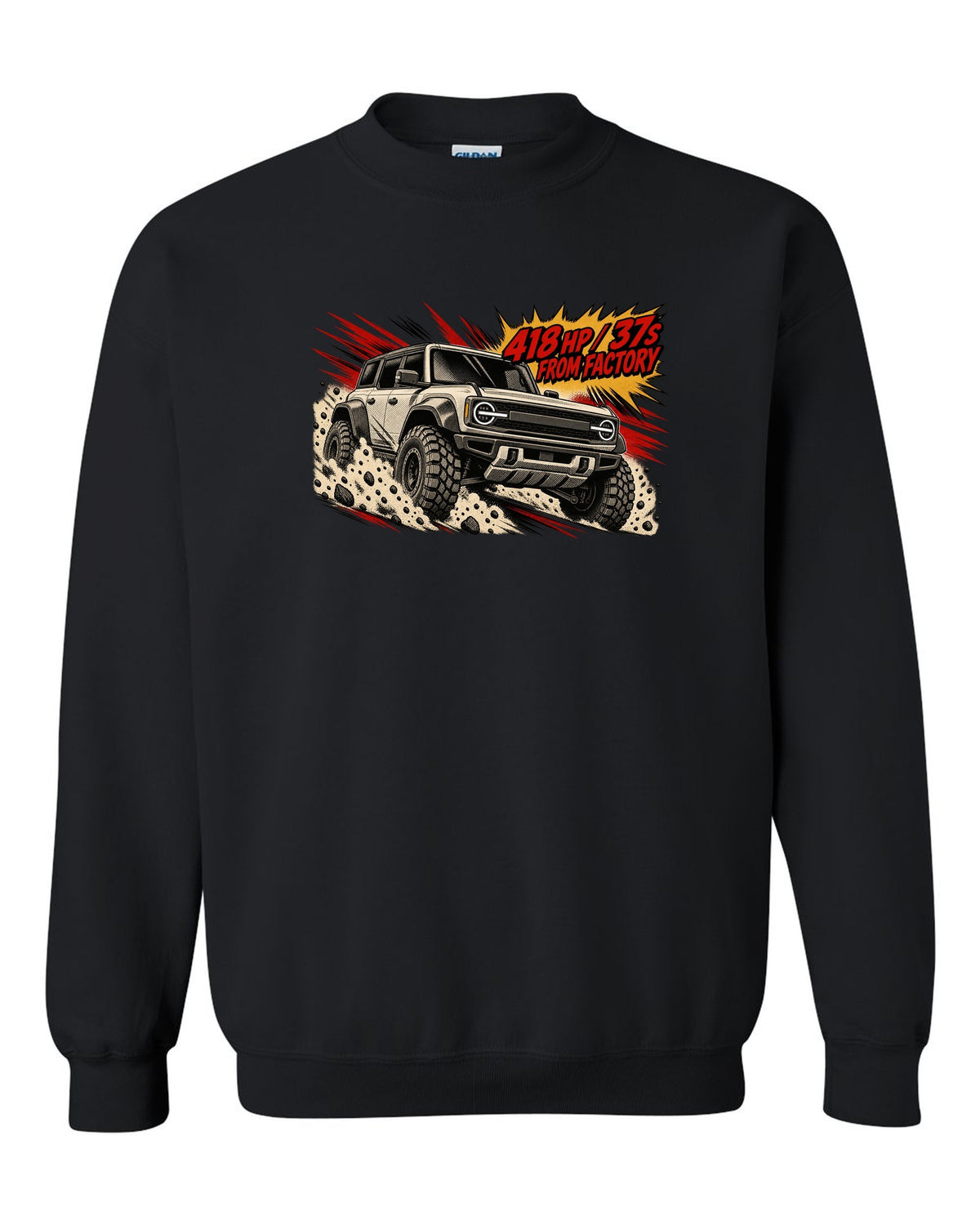 Retro manga halftone panel of a 2022 Ford Bronco Raptor jumping in the desert with 418 HP lettering black crewneck front view with the design
