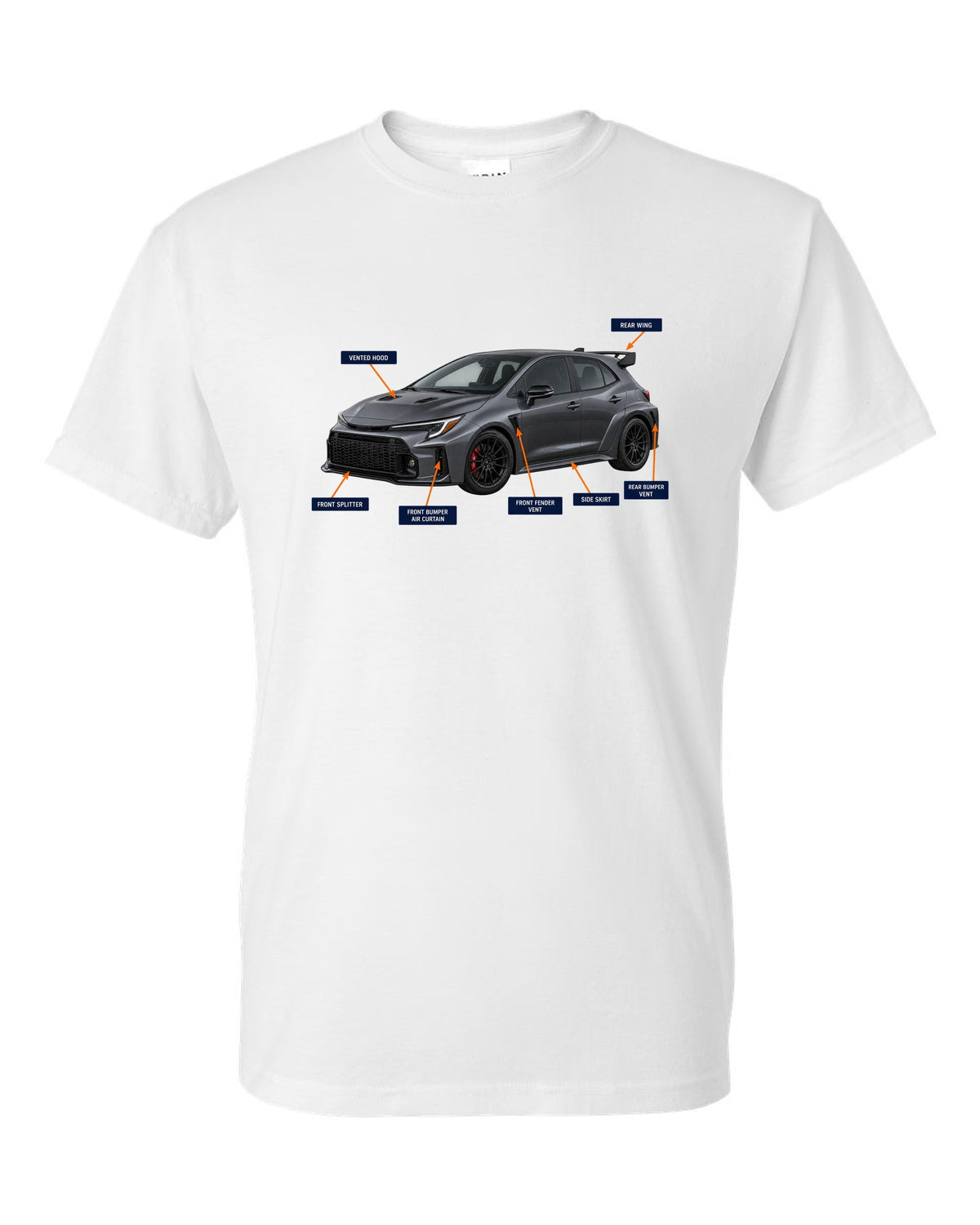 Toyota GR Corolla Circuit Edition chback with aero cutaway callouts and G16E-GTS text white t-shirt front view with the design