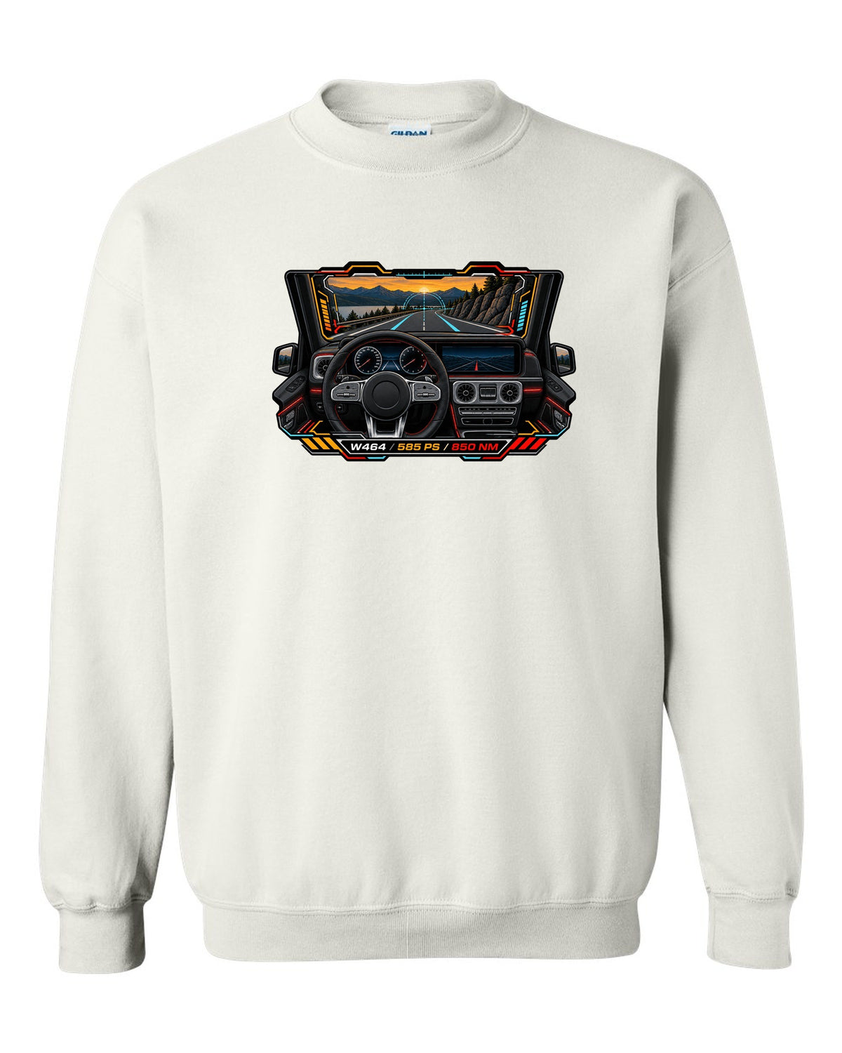 Gauge-cluster HUD graphic reading W464 585 PS 850 NM for the Mercedes G63, print white crewneck front view with the design