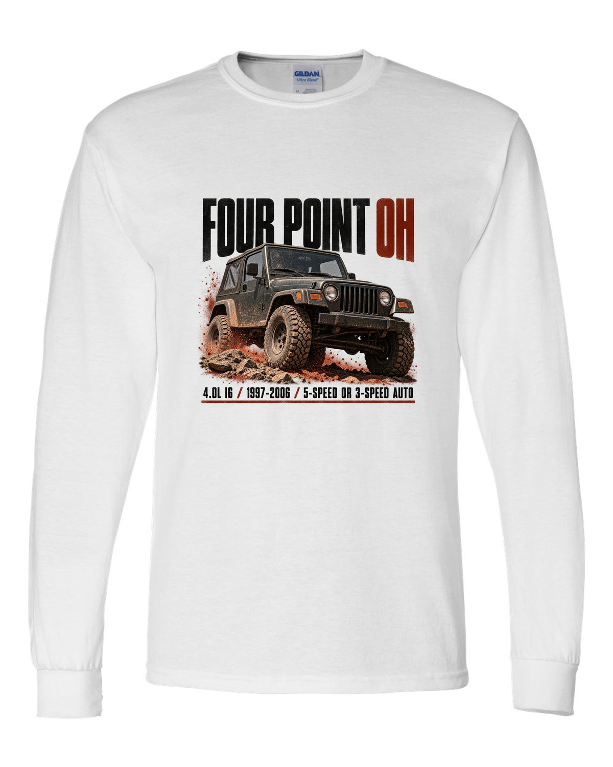 Halftone print for the Jeep Wrangler TJ 4.0L I6, 1997-2006 white long sleeve front view with the design