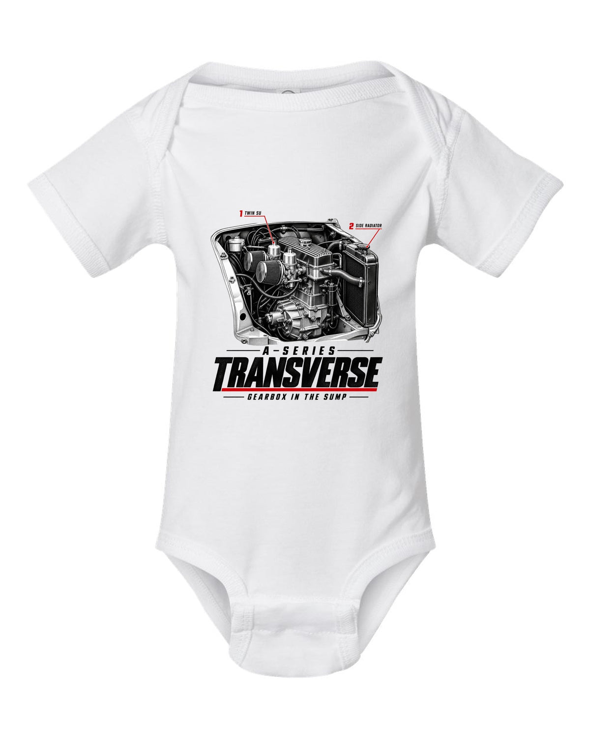 print of a Classic Mini Cooper S 1275 engine bay with the transverse A-series engine white baby onesie front view with the design