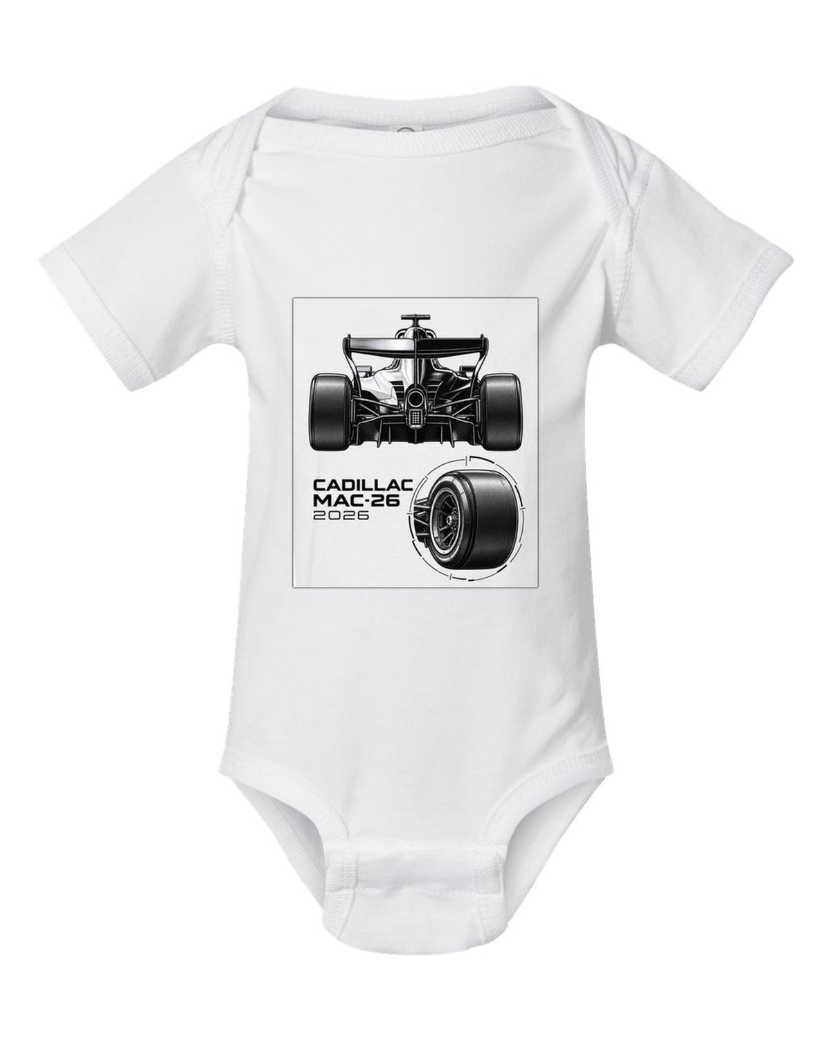 Cadillac MAC-26 2026 F1 car technical poster artwork white baby onesie front view with the design