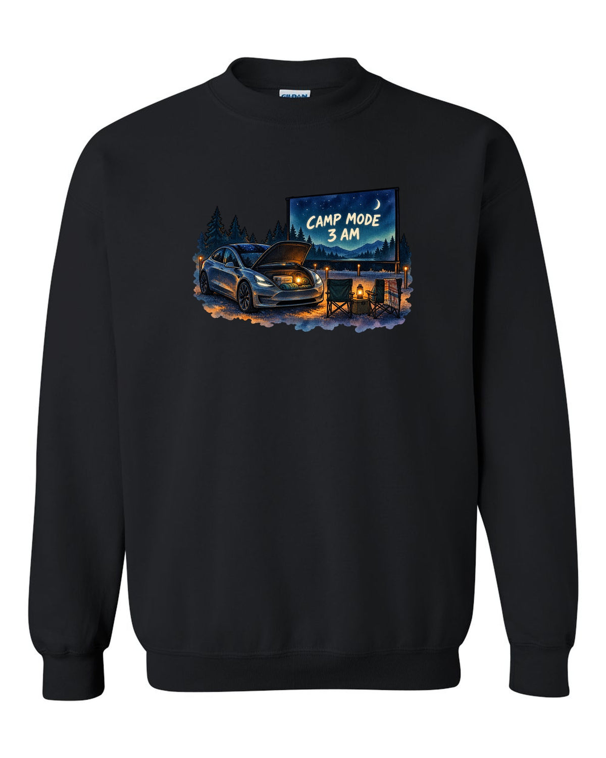 Watercolor wash print of a Tesla Model 3 with the words Camp Mode 3 AM black crewneck front view with the design