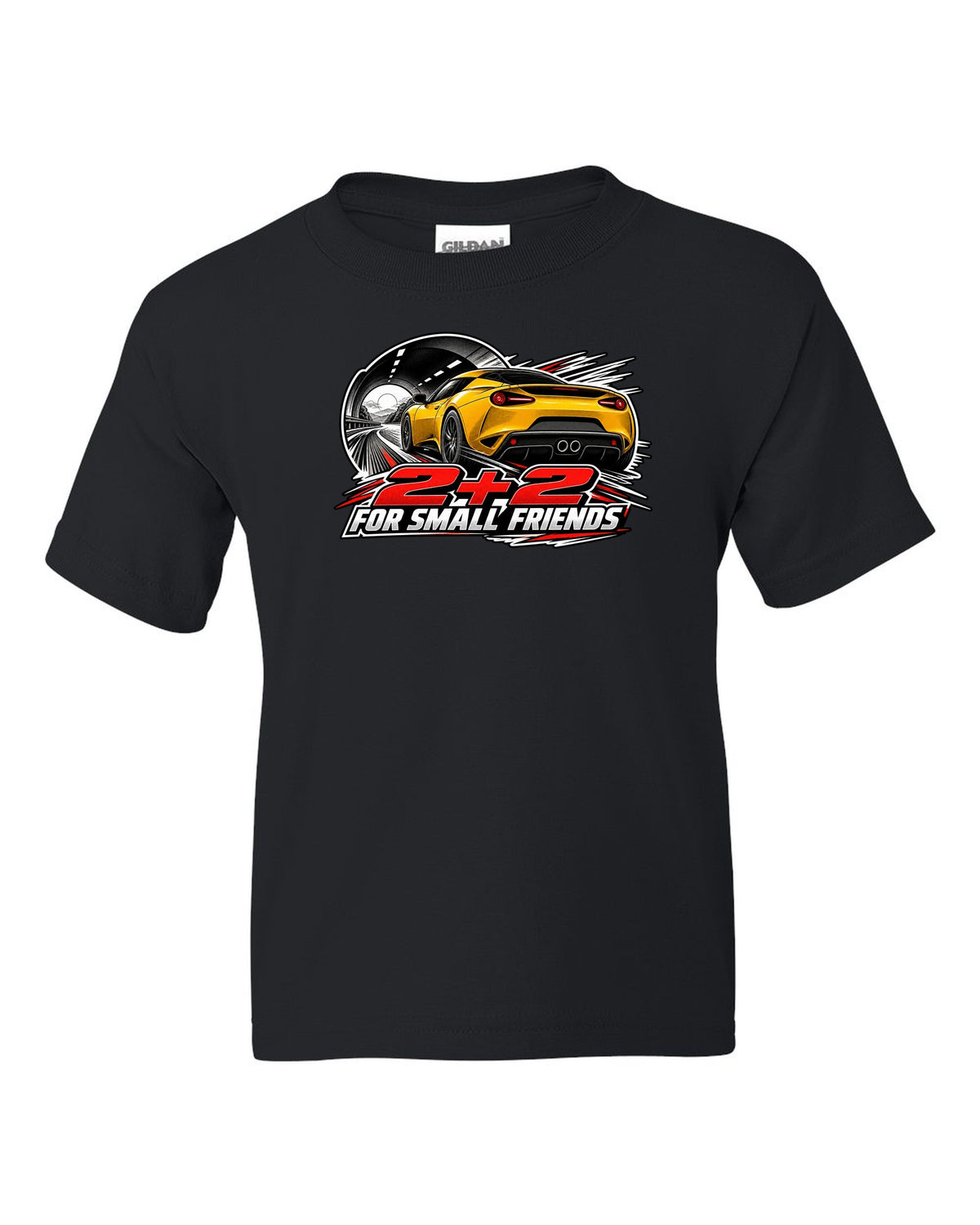 Lotus Evora rear view in retro manga halftone with 2+2 FOR SMALL FRIENDS lettering black kids tee front view with the design