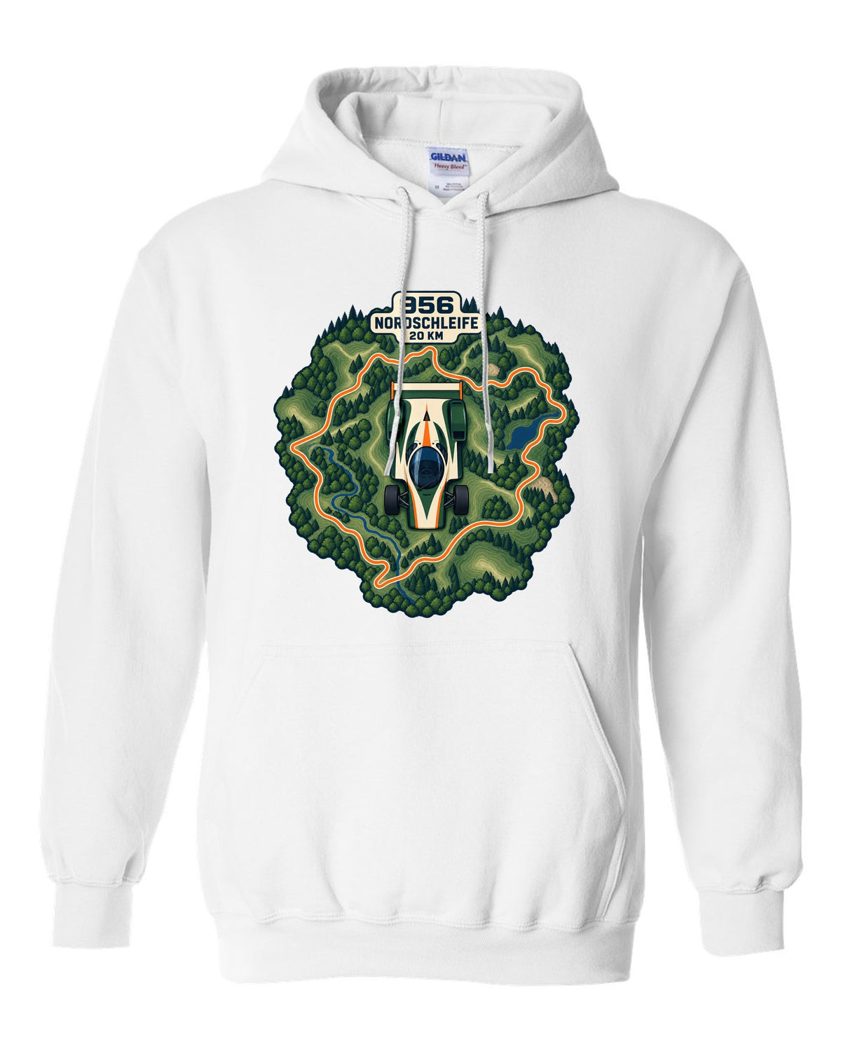 Topographic route map of the Nordschleife with Porsche 956 lettering white pull over hoodie front view with the design