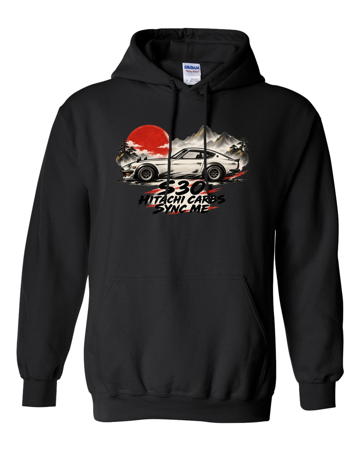 Sumi-e ink wash profile of a 1972 Datsun 240Z S30 with red accents black pull over hoodie front view with the design