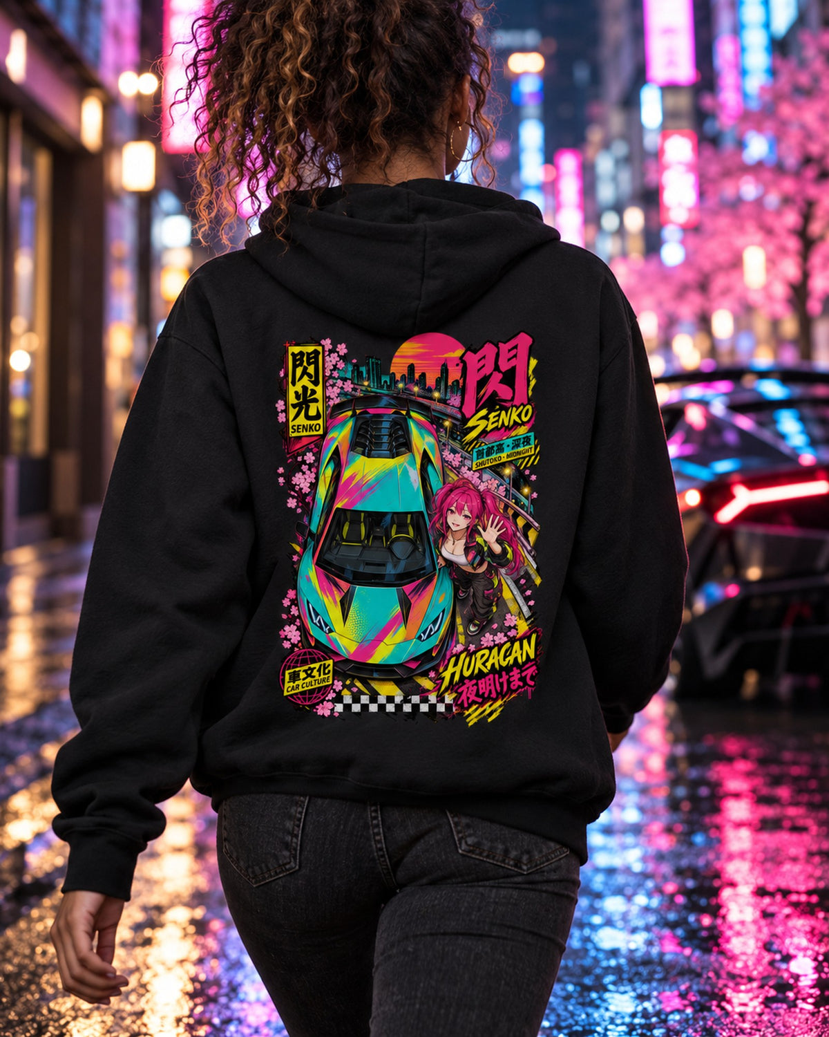 SENKO HURACAN Anime Girl Full-Back Graphic Tee Pull Over Hoodie Black worn hero