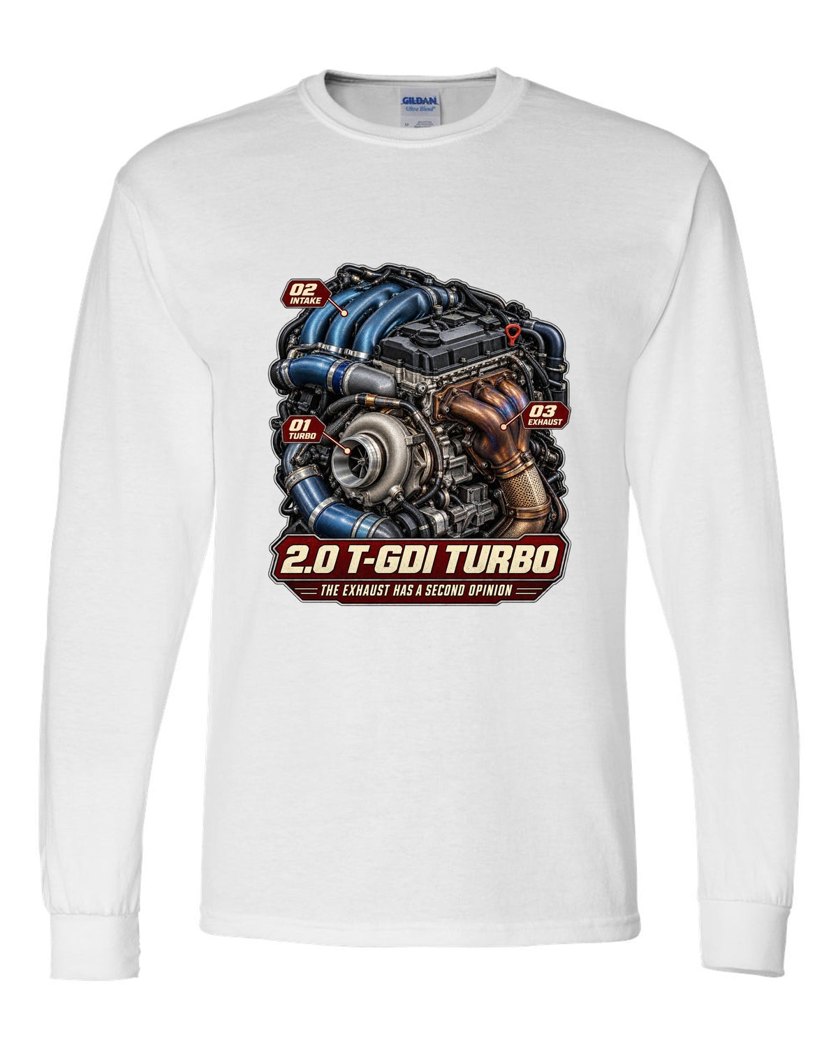 Hyundai Elantra N 2.0 T-GDI turbo engine illustration, print white long sleeve front view with the design