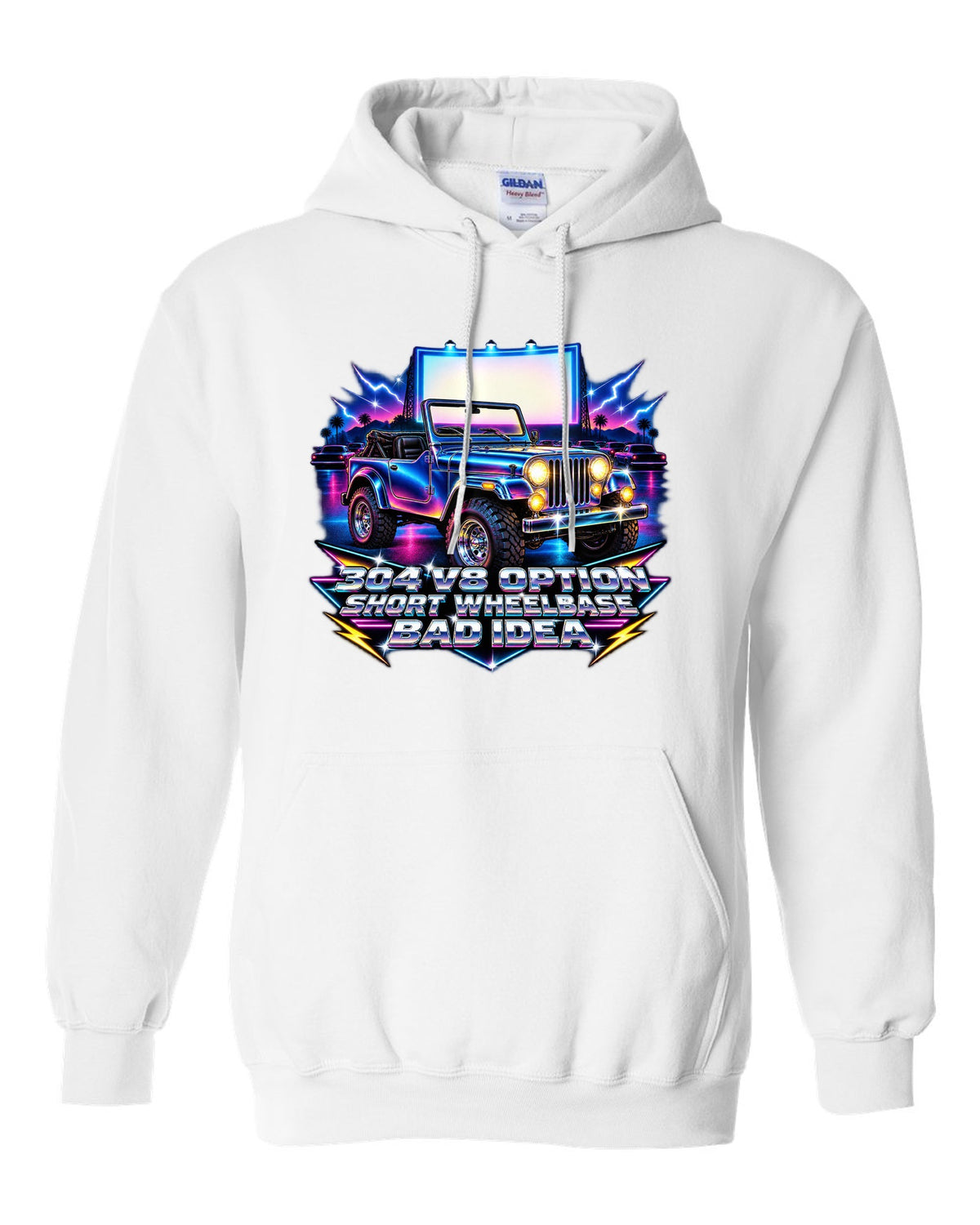 80s airbrush chrome print of a Jeep CJ-5 with 304 V8 option text white pull over hoodie front view with the design