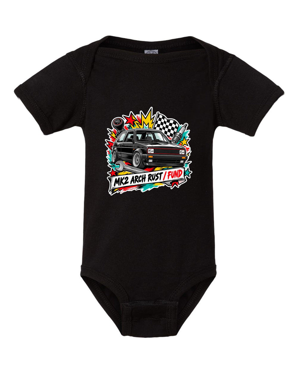 Sticker bomb collage print of a VW Golf Mk2 GTI with arch rust fund text black baby onesie front view with the design