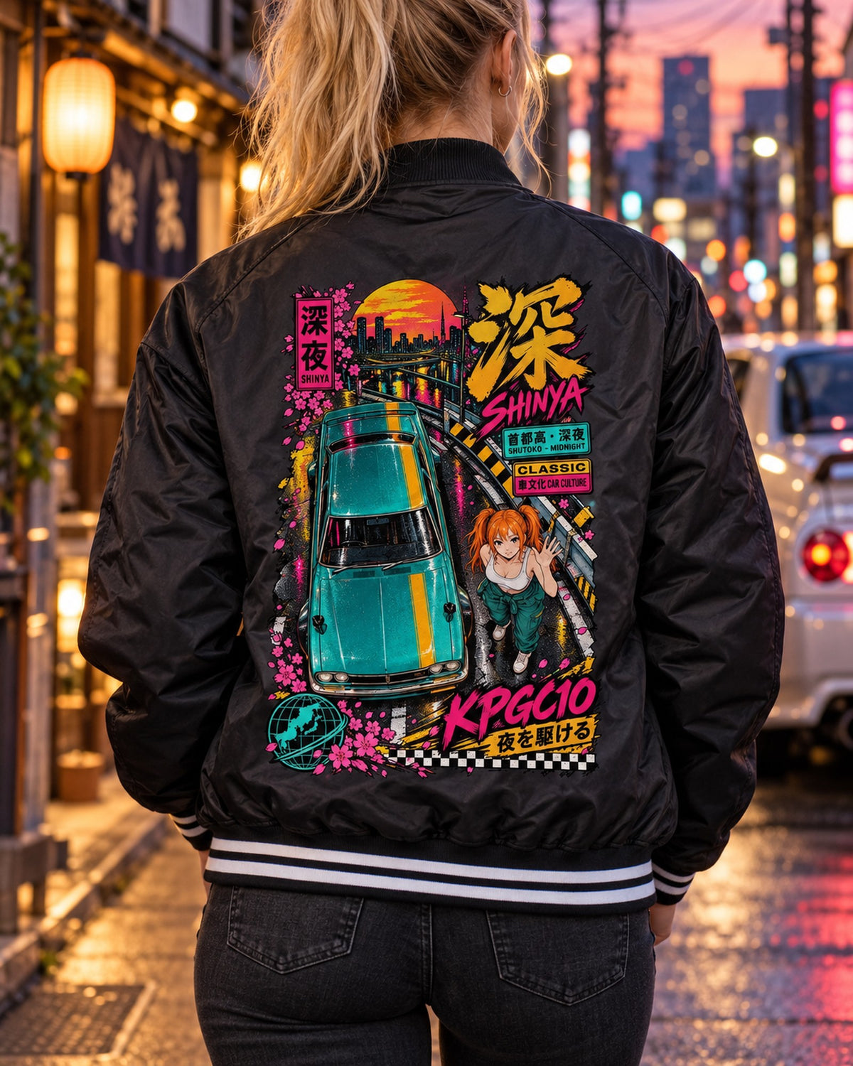 SHINYA KPGC10 Anime Girl Full-Back Graphic Tee Bomber Jacket Black worn hero